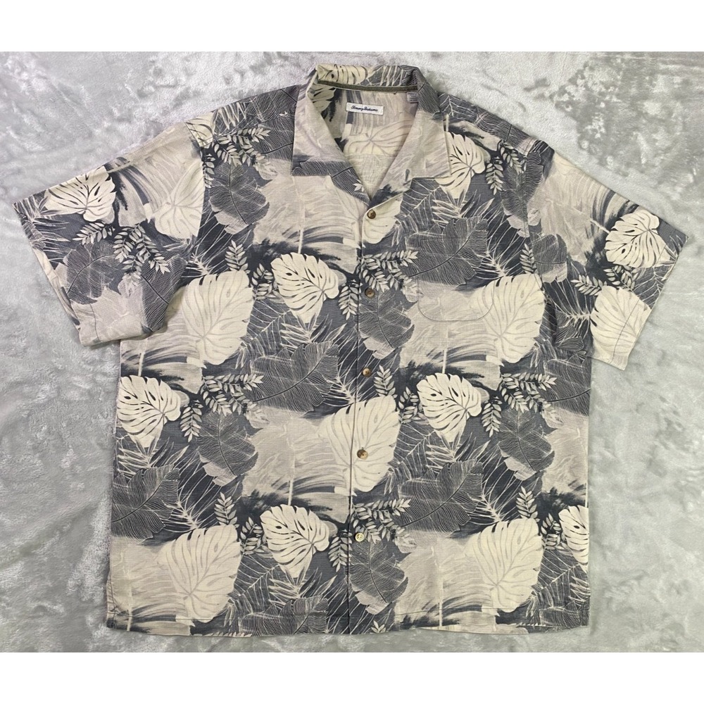 Tommy Bahama IslandZone Button Down Mens XXL Gray Tropical Leaf Hawaiian Shirt